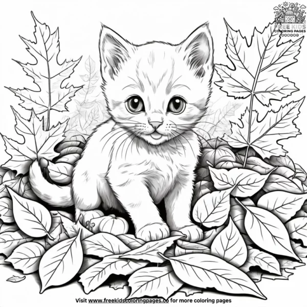 Kitten in autumn leaves pile coloring pages