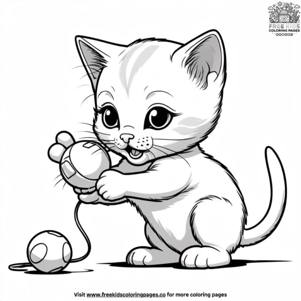 Kitten playing with toy mouse coloring pages