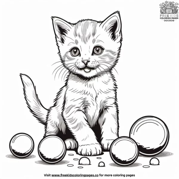 Kitten playing with colorful balls coloring pages