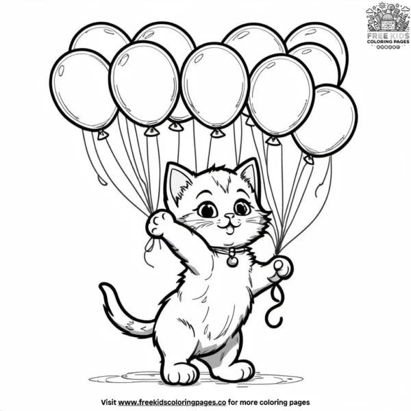 Kitten playing with balloons coloring pages