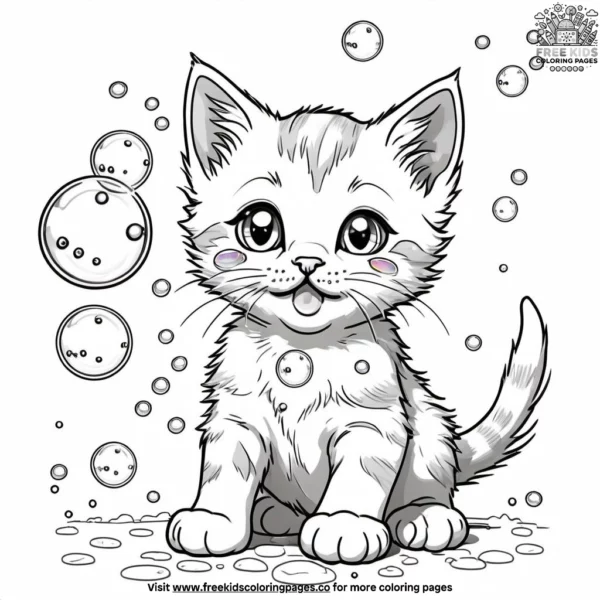 Kitten with rainbow bubbles coloring pages