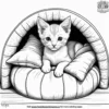 Kitten resting in a cozy nook, surrounded by pillows.