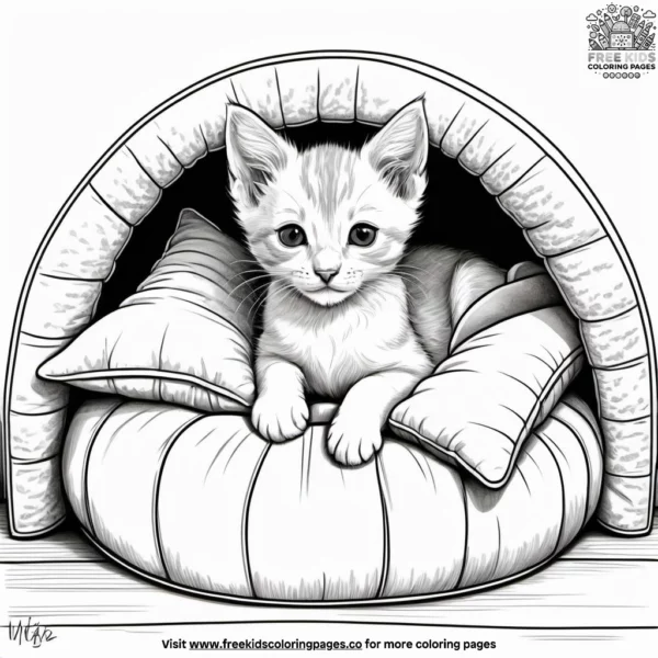 Kitten resting in cozy nook coloring pages