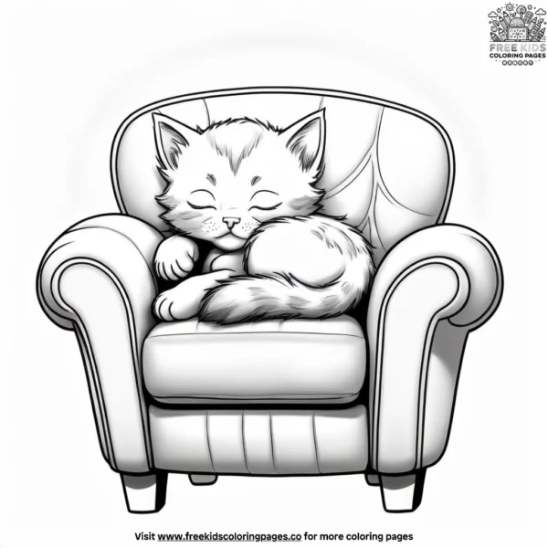 Kitten sleeping in plush chair coloring pages