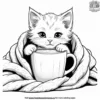 Kitten snuggled in a fluffy blanket with a warm drink nearby.