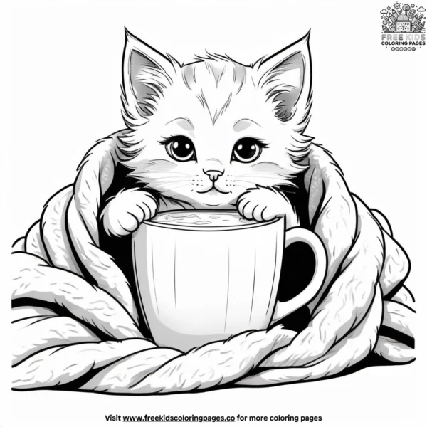 Kitten snuggled in a fluffy blanket with a warm drink nearby.