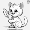 Kitten with a feather toy, looking excited.