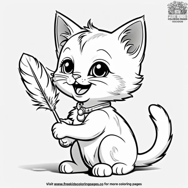 Kitten with feather toy excited coloring pages