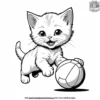 Kitten with a playful expression, bouncing a ball.