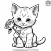 Kitten with a sweet face, holding a flower.