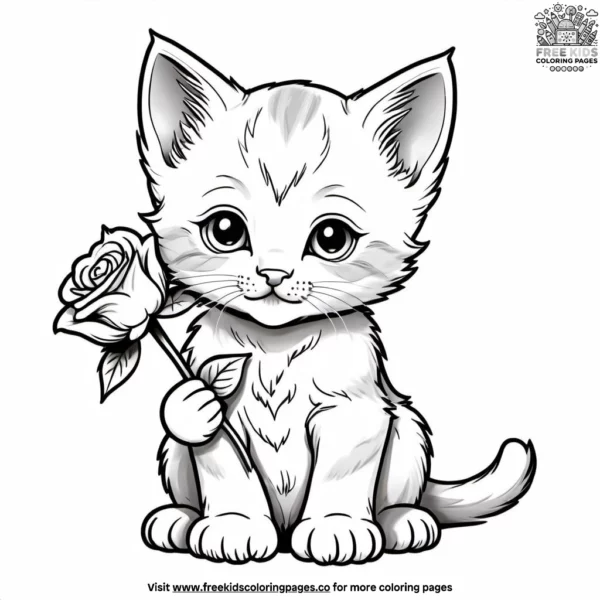 Kitten holding flower coloring pages