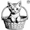 Kitten with a sweet face, sitting in a basket.