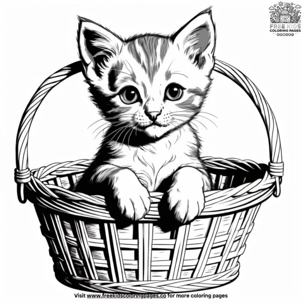 Kitten sitting in basket sweetly coloring pages