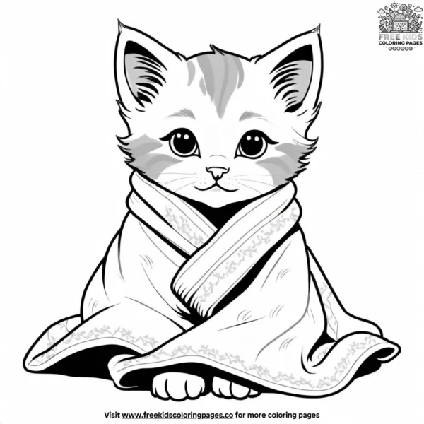 Kitten with a sweet look, cuddled up with a blanket.