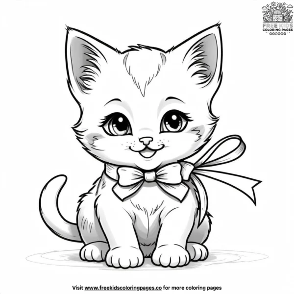 Kitten playing with ribbon sweetly coloring pages