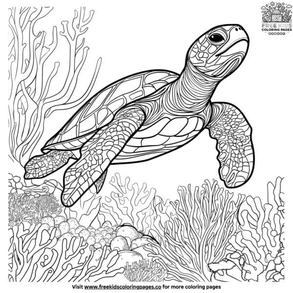 Turtle in coral reef coloring pages