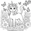 Unicorn cat prancing through a magical meadow with flowers and butterflies.