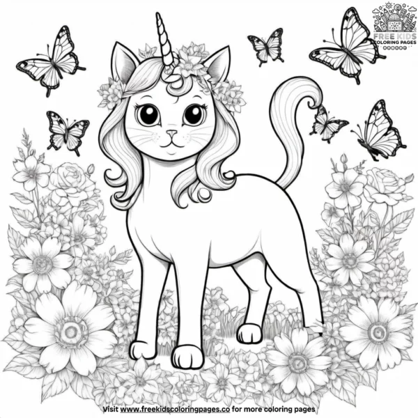 Unicorn cat in magical meadow coloring pages