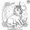 Unicorn cat with a celestial crown, lounging on a crescent moon surrounded by twinkling stars.