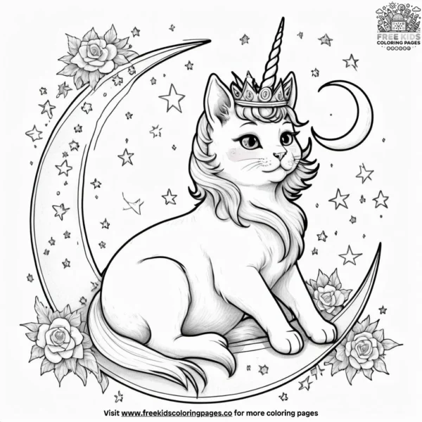 Unicorn cat with a celestial crown, lounging on a crescent moon surrounded by twinkling stars.