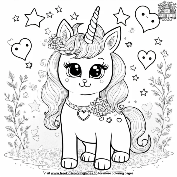 Unicorn cat with a dreamy, sparkling tail, surrounded by floating hearts and stars.