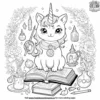 Unicorn cat with a magical book, surrounded by enchanted objects like wands and potions.