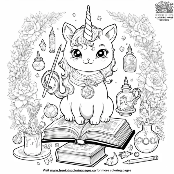 Unicorn cat with a magical book, surrounded by enchanted objects like wands and potions.