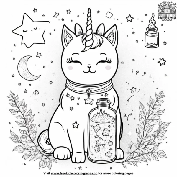 Unicorn cat with a magical potion bottle, floating among stars and magic dust.