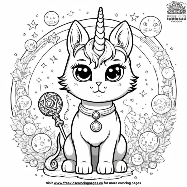 Unicorn cat with a magical staff, surrounded by glowing orbs and magical symbols.