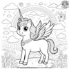 Unicorn cat with a sparkling cape, flying over a fairy-tale landscape with rainbows and clouds.