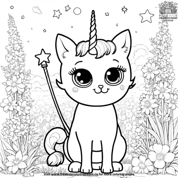 Unicorn cat with a twinkling star wand, casting sparkles over a whimsical garden.