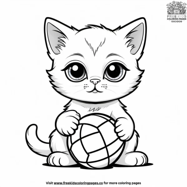 Kitten with big eyes and toy ball coloring pages