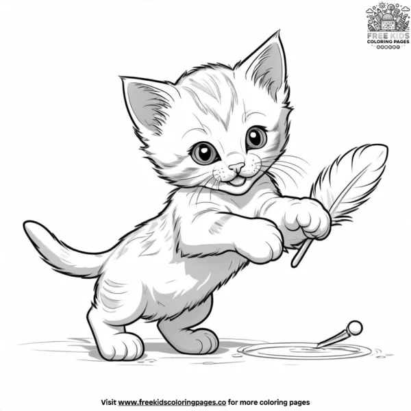 A playful kitten pouncing on a feather toy.