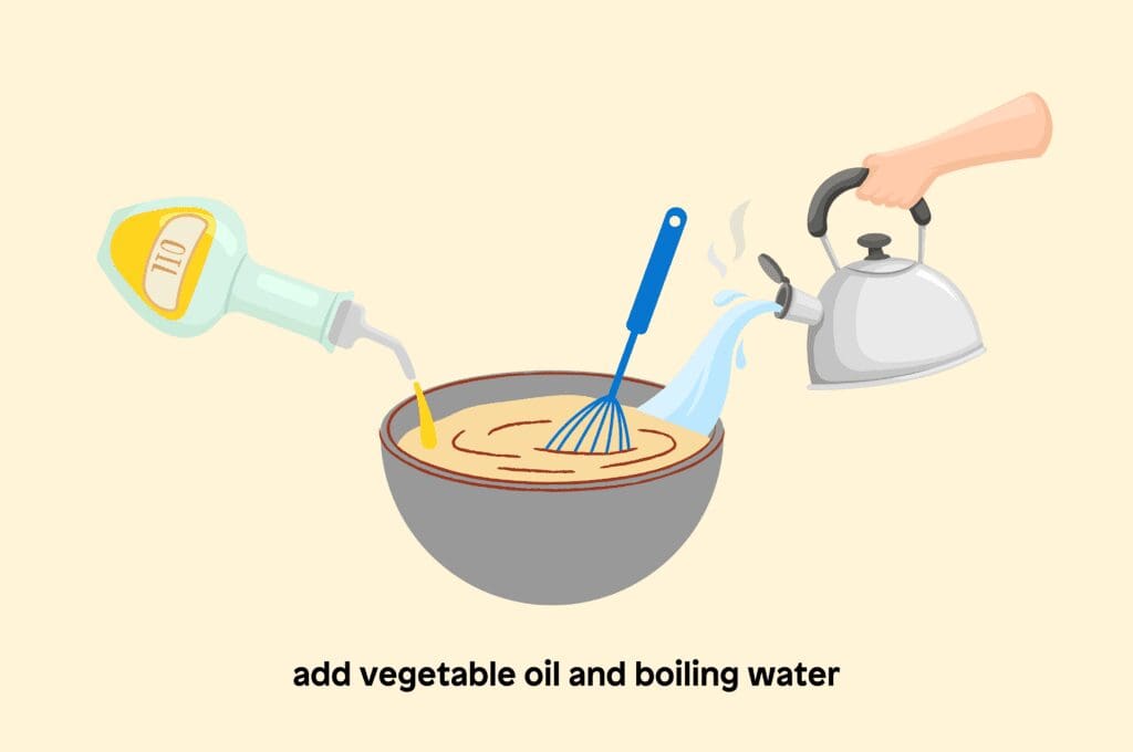 Add vegetable oil and boiling water