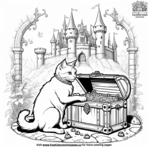 Cat discovering a treasure chest in a fairy-tale castle with jewels and crowns.