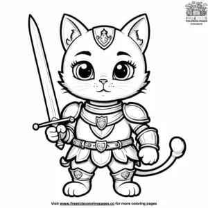 Cat dressed as a brave knight, standing in front of a dragon’s lair with a sword and shield.