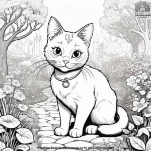 Cat exploring an enchanted garden with giant flowers, magical creatures, and a rainbow.