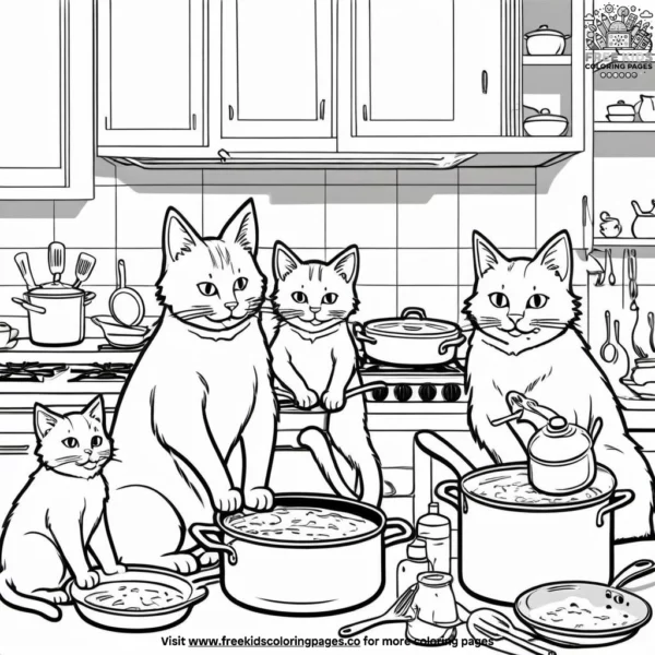 Cat family cooking together coloring pages