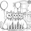 Cat family decorating their home for a special occasion, with colorful streamers and balloons.