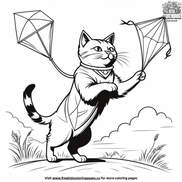 Cat flying a kite on a breezy day, with the kite soaring high in the sky.