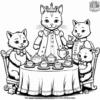 cat hosting a royal tea party with teddy bears and stuffed animals as guests.