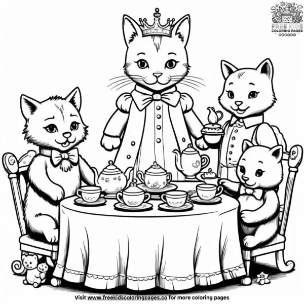 Cat hosting a royal tea party with teddy bears and stuffed animals as guests.