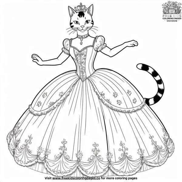 Cat in ball gown dancing coloring pages