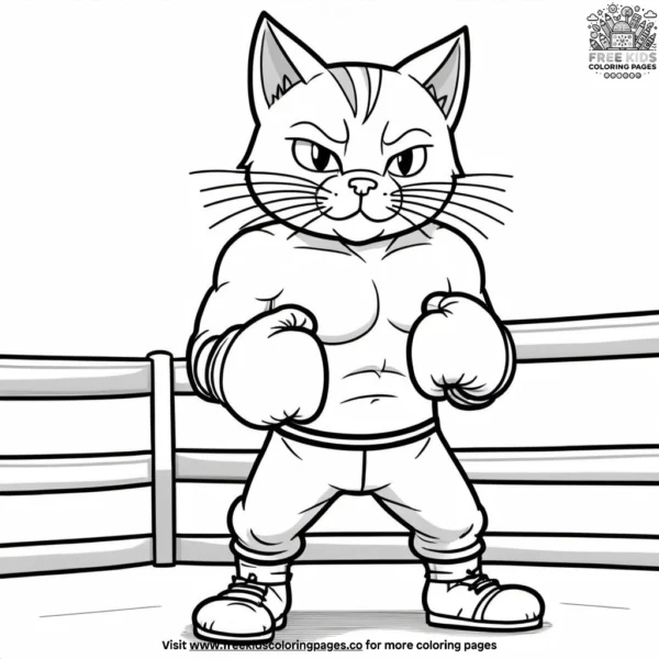 Cat in a boxing ring, wearing gloves and preparing to throw a punch.