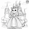 Cat in a princess costume, with a magical castle in the background and a shimmering garden.