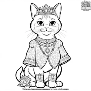 Cat in a regal outfit, surrounded by golden treasures and royal artifacts in a grand hall.