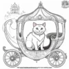 cat in a royal carriage pulled by mystical creatures, traveling through a fairy-tale landscape.