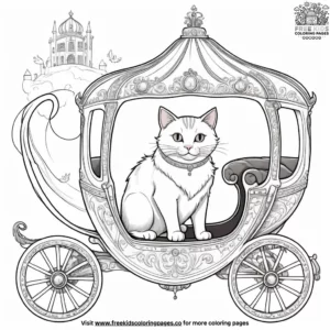 Cat in a royal carriage pulled by mystical creatures, traveling through a fairy-tale landscape.