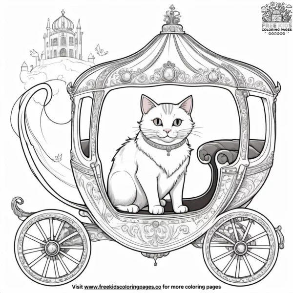 Cat in a royal carriage pulled by mystical creatures, traveling through a fairy-tale landscape.