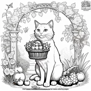 Cat in royal garden with flowers coloring pages